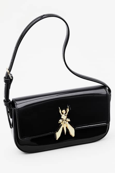 &quot;ESSENTIAL&quot; Fly Schultertasche aus glänzendem Leder, Schwarz, Patrizia Pepe