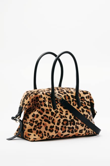 Leopard-print leather bowling bag, Beige, Patrizia Pepe