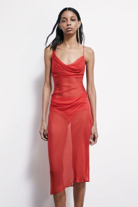 Asymmetric silk chiffon dress with draping, Red, Patrizia Pepe