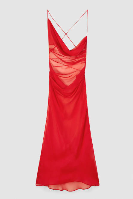 Asymmetric silk chiffon dress with draping, Red, Patrizia Pepe