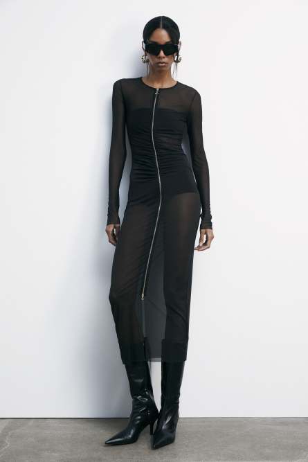 Fullzip-Midikleid aus Tüll, Schwarz, Patrizia Pepe