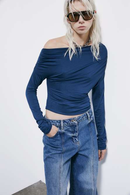 Camiseta drapeada con un solo hombro, Azul