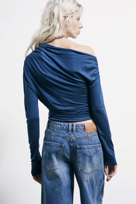 Camiseta drapeada con un solo hombro, Azul
