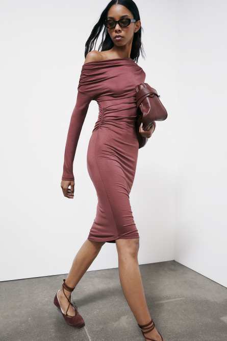 Asymmetrical midi dress with draping, Brown, Patrizia Pepe