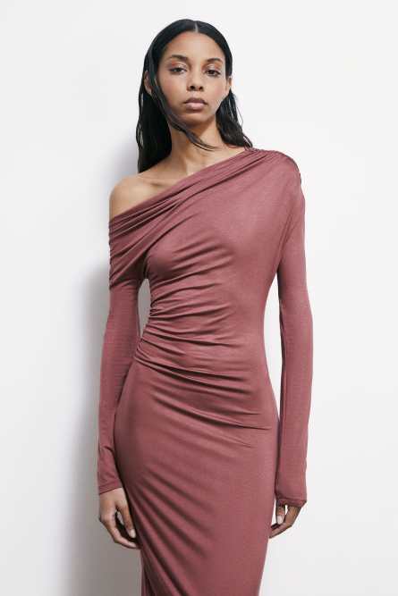 Asymmetrical midi dress with draping, Brown, Patrizia Pepe