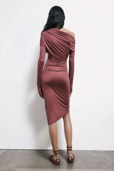 Asymmetrical midi dress with draping, Brown, Patrizia Pepe