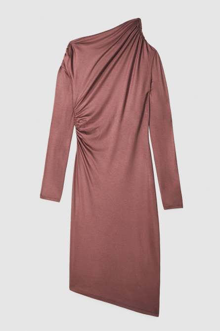 Asymmetrical midi dress with draping, Brown, Patrizia Pepe