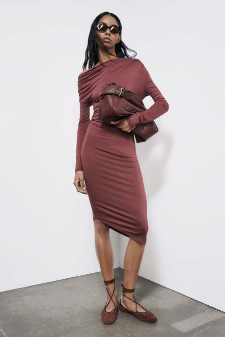 Asymmetrical midi dress with draping, Brown, Patrizia Pepe