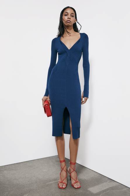 Robe midi en maille &agrave; col crois&eacute;, Bleu, Patrizia Pepe