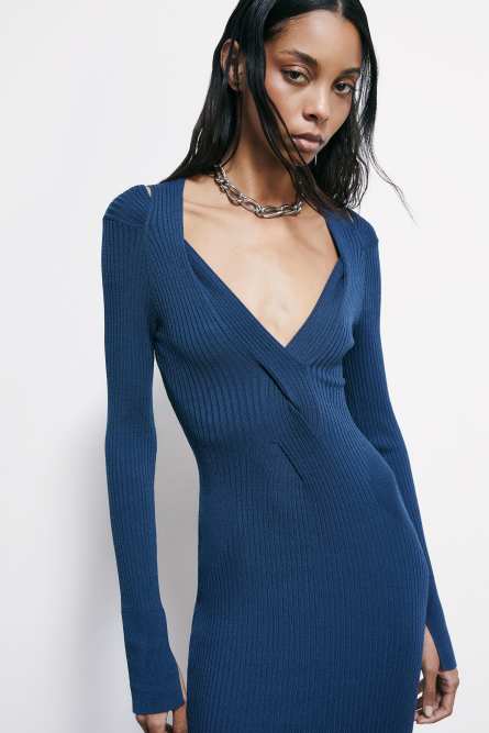 Robe midi en maille &agrave; col crois&eacute;, Bleu, Patrizia Pepe