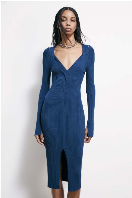 Robe midi en maille &agrave; col crois&eacute;, Bleu, Patrizia Pepe