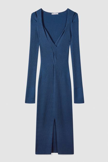 Robe midi en maille &agrave; col crois&eacute;, Bleu, Patrizia Pepe
