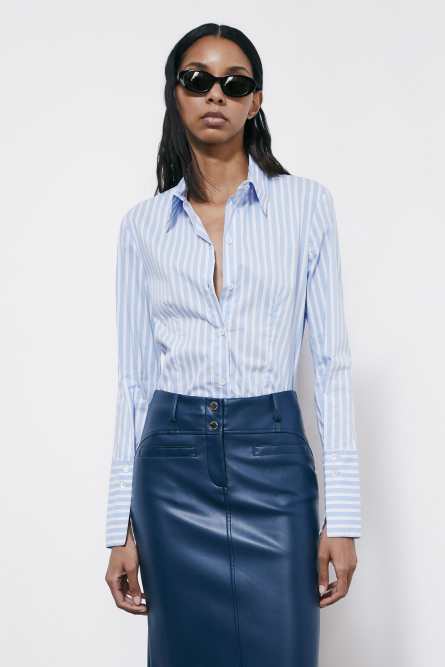 Облегающая рубашка из поплина в полоску, Голубой, Patrizia Pepe