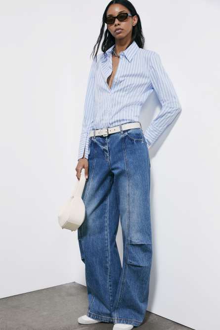 Облегающая рубашка из поплина в полоску, Голубой, Patrizia Pepe