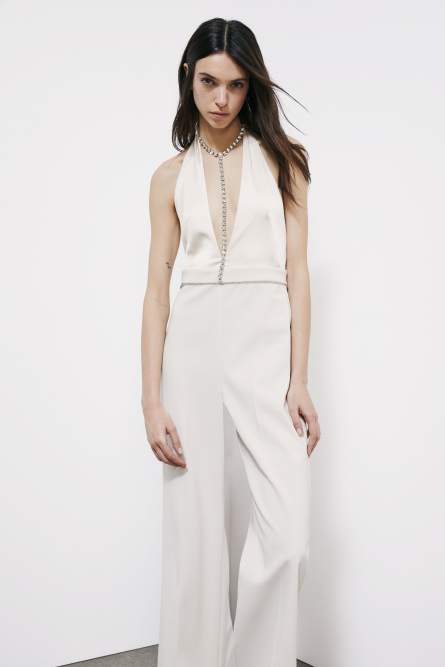 Fluid crepe jumpsuit with deep neckline, White, Patrizia Pepe