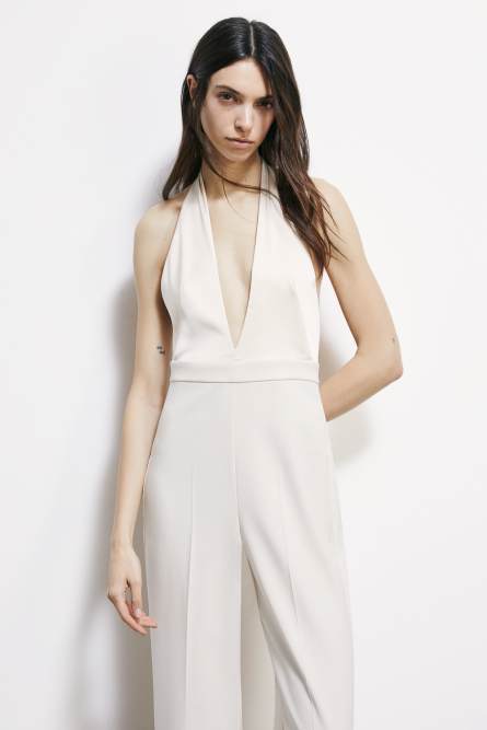 Fluid crepe jumpsuit with deep neckline, White, Patrizia Pepe