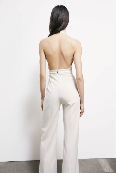 Fluid crepe jumpsuit with deep neckline, White, Patrizia Pepe