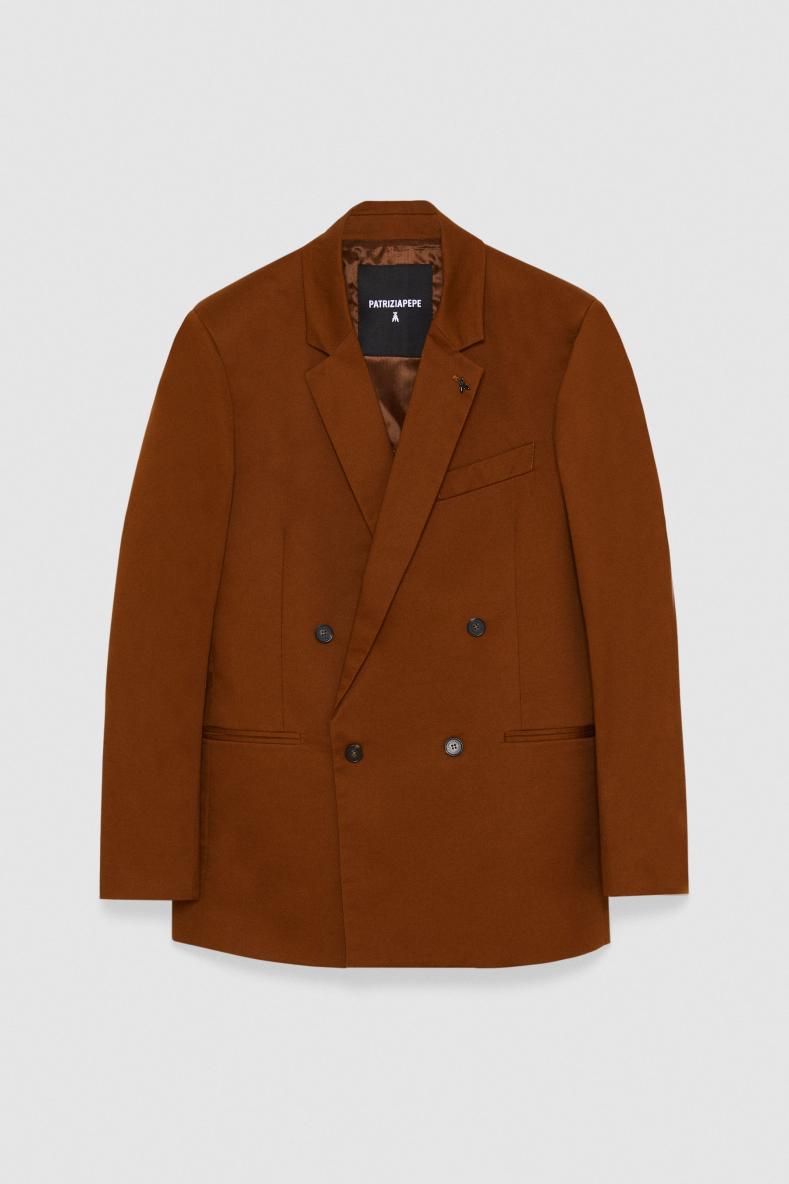 Double-breasted straight jacket in cotton twill, Brown, Patrizia Pepe