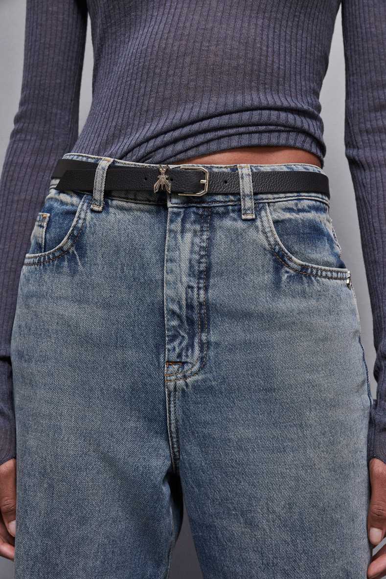 Schmaler Gürtel aus Metallic-Leder, Schwarz, Patrizia Pepe