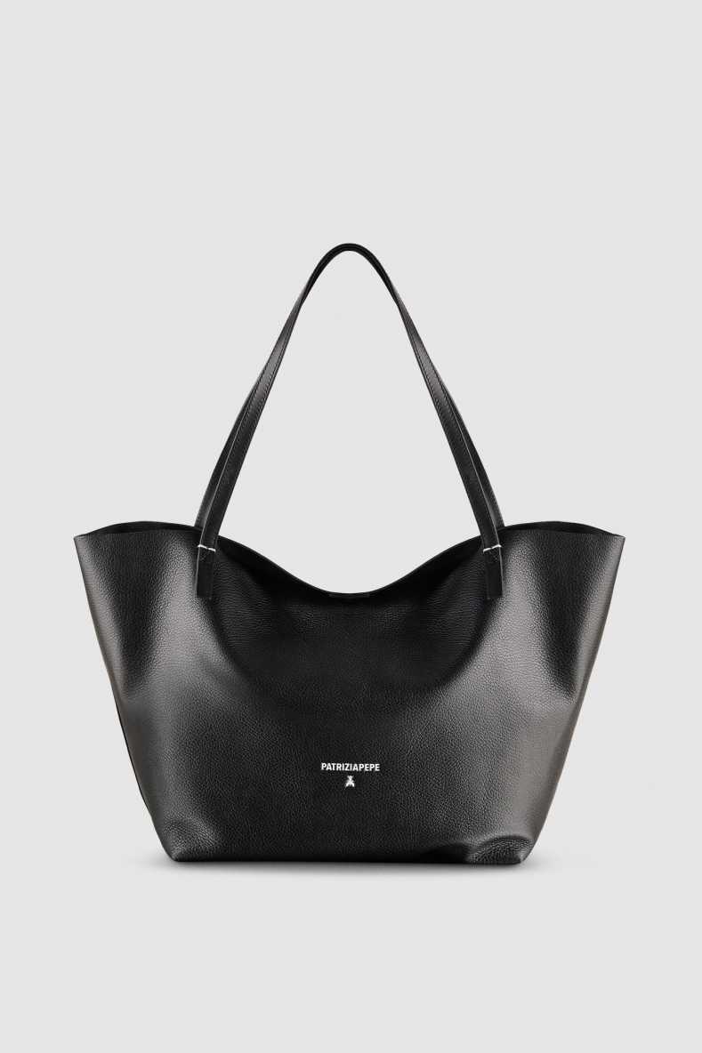 Never Complete shopping bag in hammered leather, Black, Patrizia Pepe
