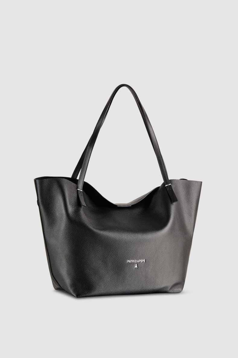 Never Complete shopping bag in hammered leather, Black, Patrizia Pepe