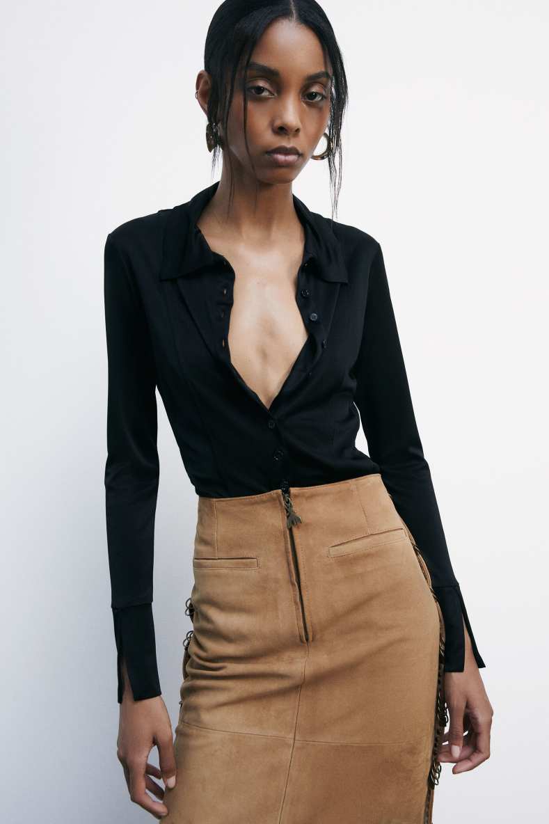 Slim fit shirt in glossy jersey, Black, Patrizia Pepe