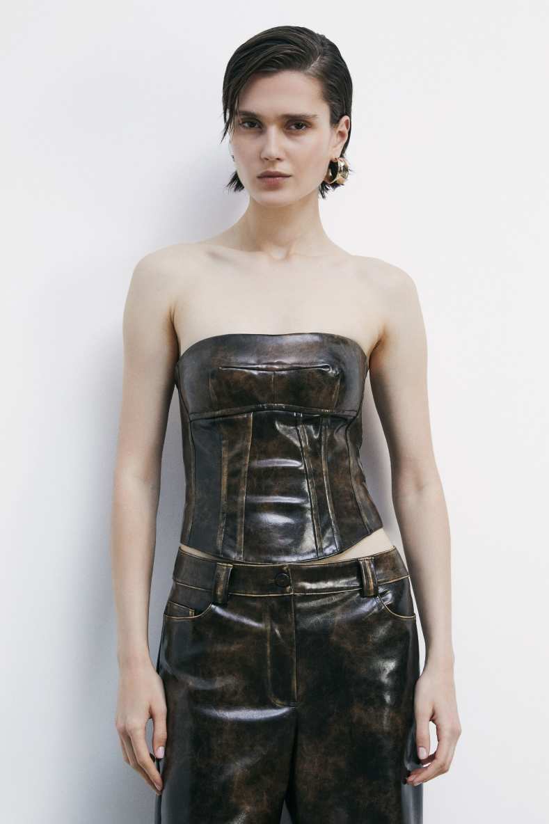 Coated fabric corset with zip, Brown, Patrizia Pepe