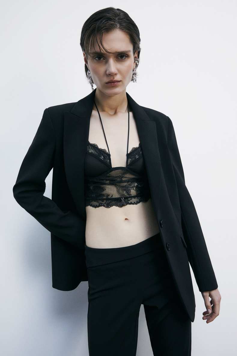 Bustier top in lace and tulle with straps, Black, Patrizia Pepe