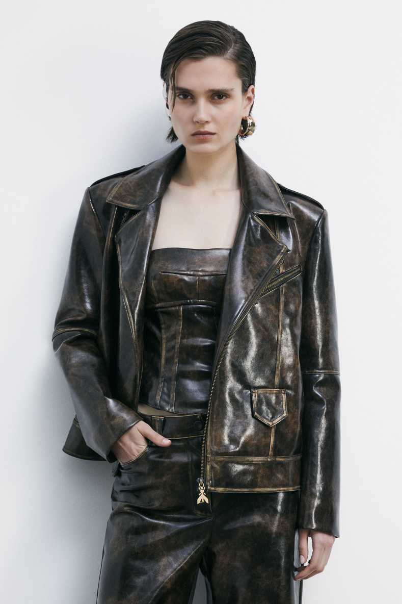 Oversized biker jacket in coated fabric, Brown, Patrizia Pepe
