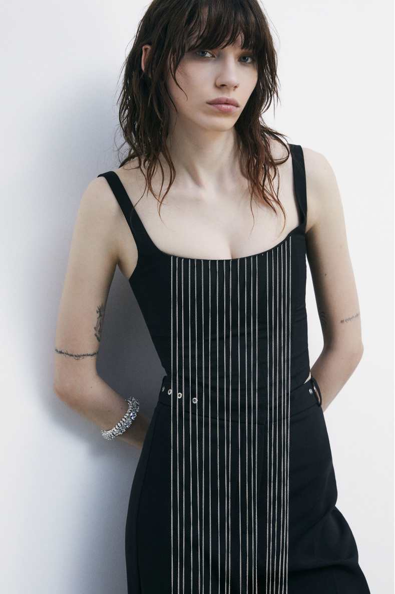 Bustier top with micro chains, Black, Patrizia Pepe