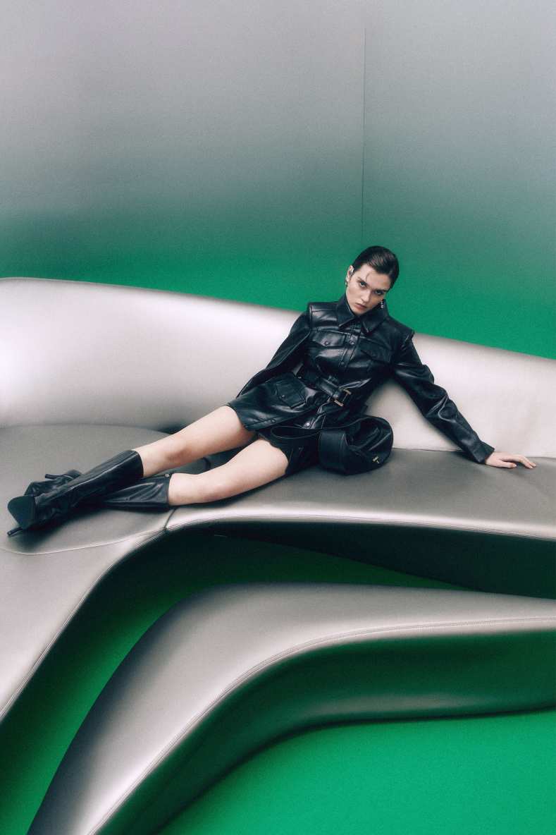 Jacket with belt in coated fabric, Black, Patrizia Pepe