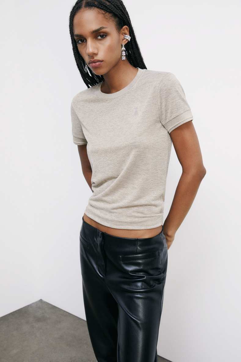 Knit T-Shirt with strass logo detail, Beige, Patrizia Pepe