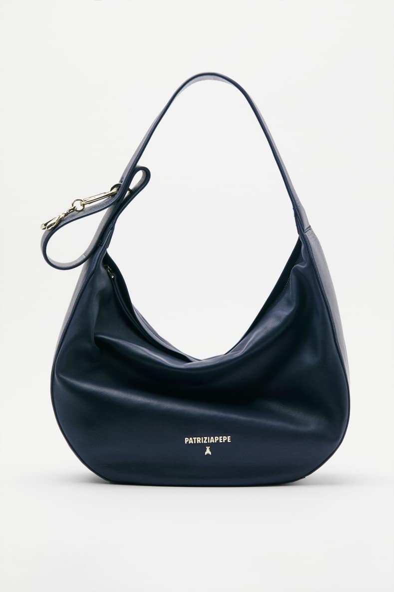 Borsa New Moon grande in pelle con tracolla, Azzurro, Patrizia Pepe