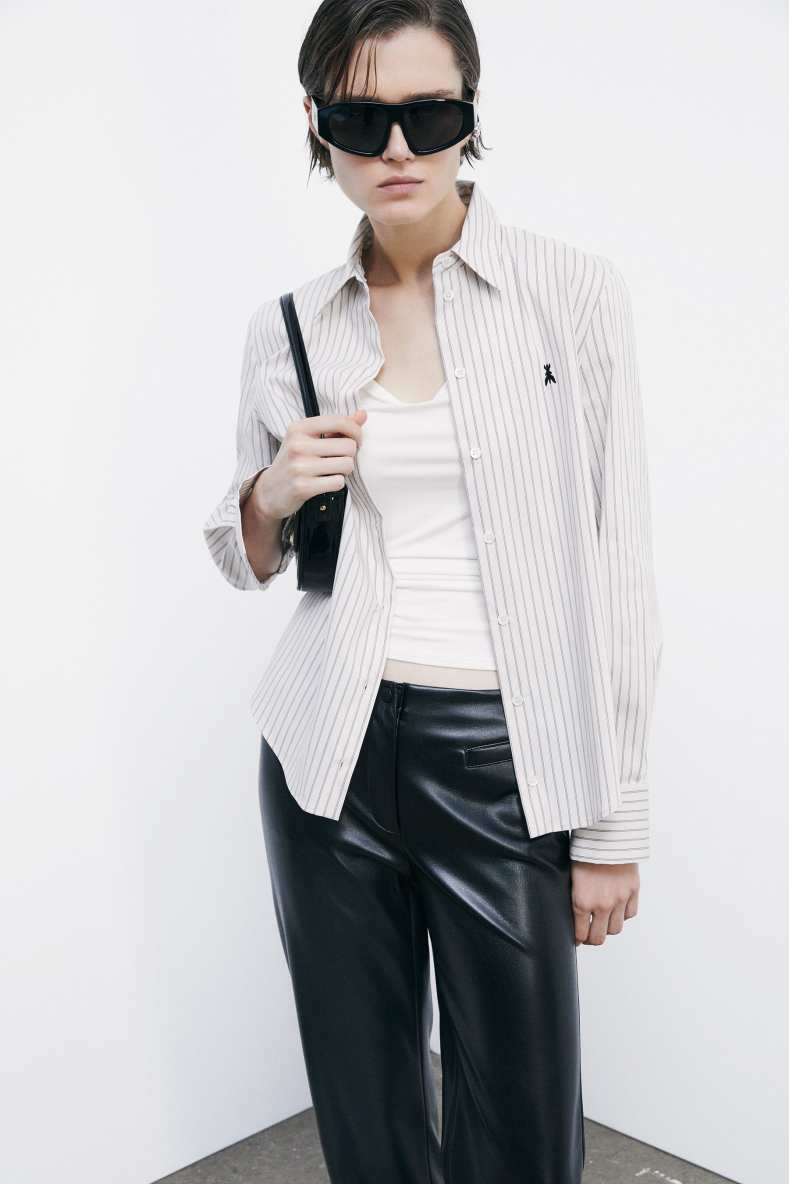 Striped poplin shirt with logo, Beige, Patrizia Pepe