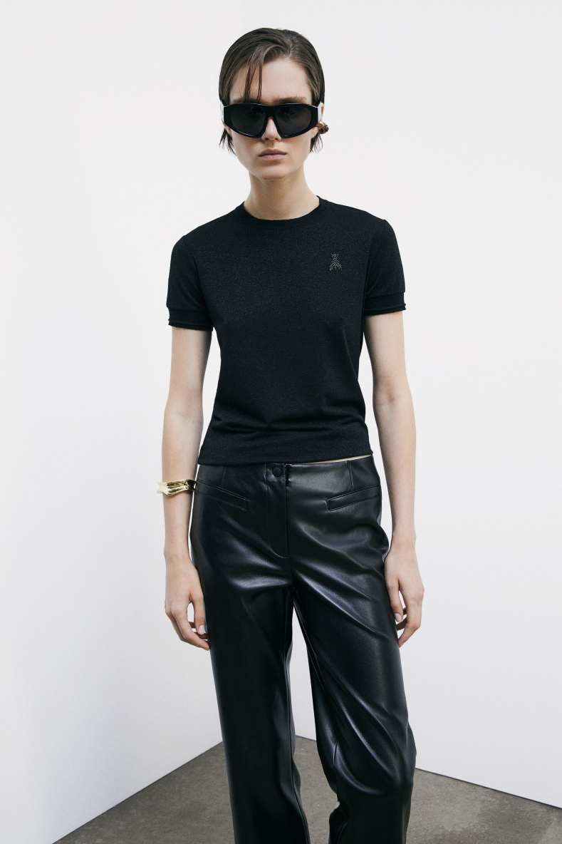 Knit T-Shirt with strass logo detail, Black, Patrizia Pepe