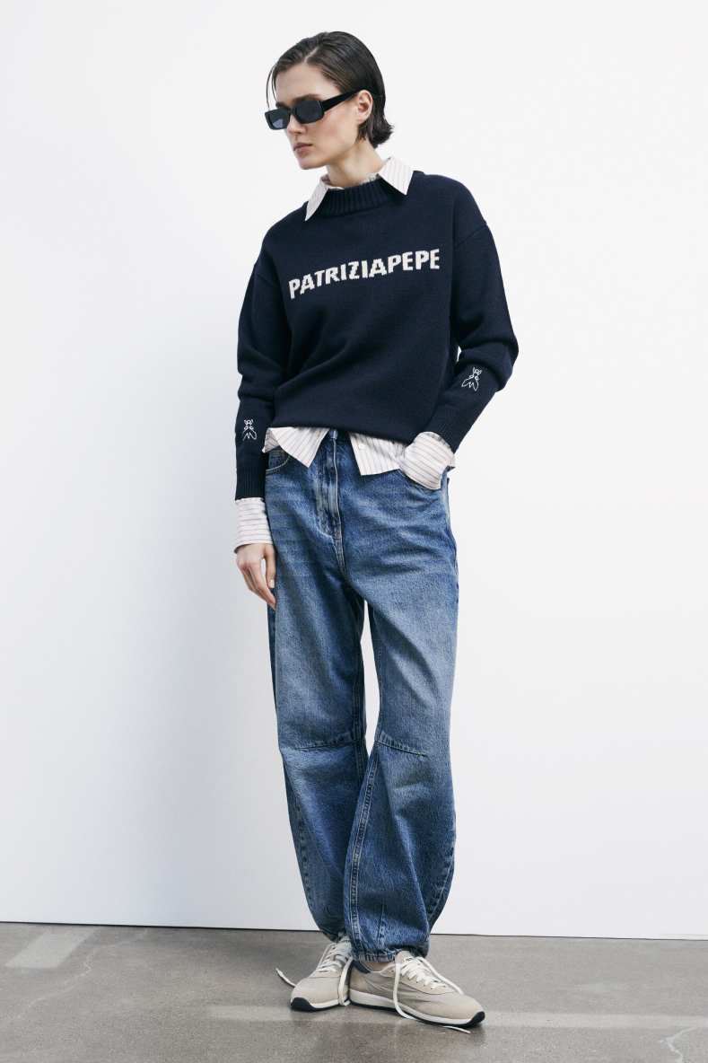 Crewneck sweater with logo, Blue, Patrizia Pepe