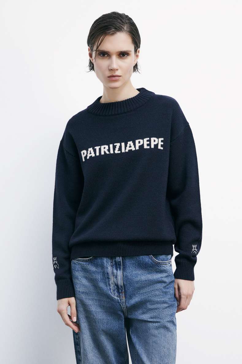Crewneck sweater with logo, Blue, Patrizia Pepe
