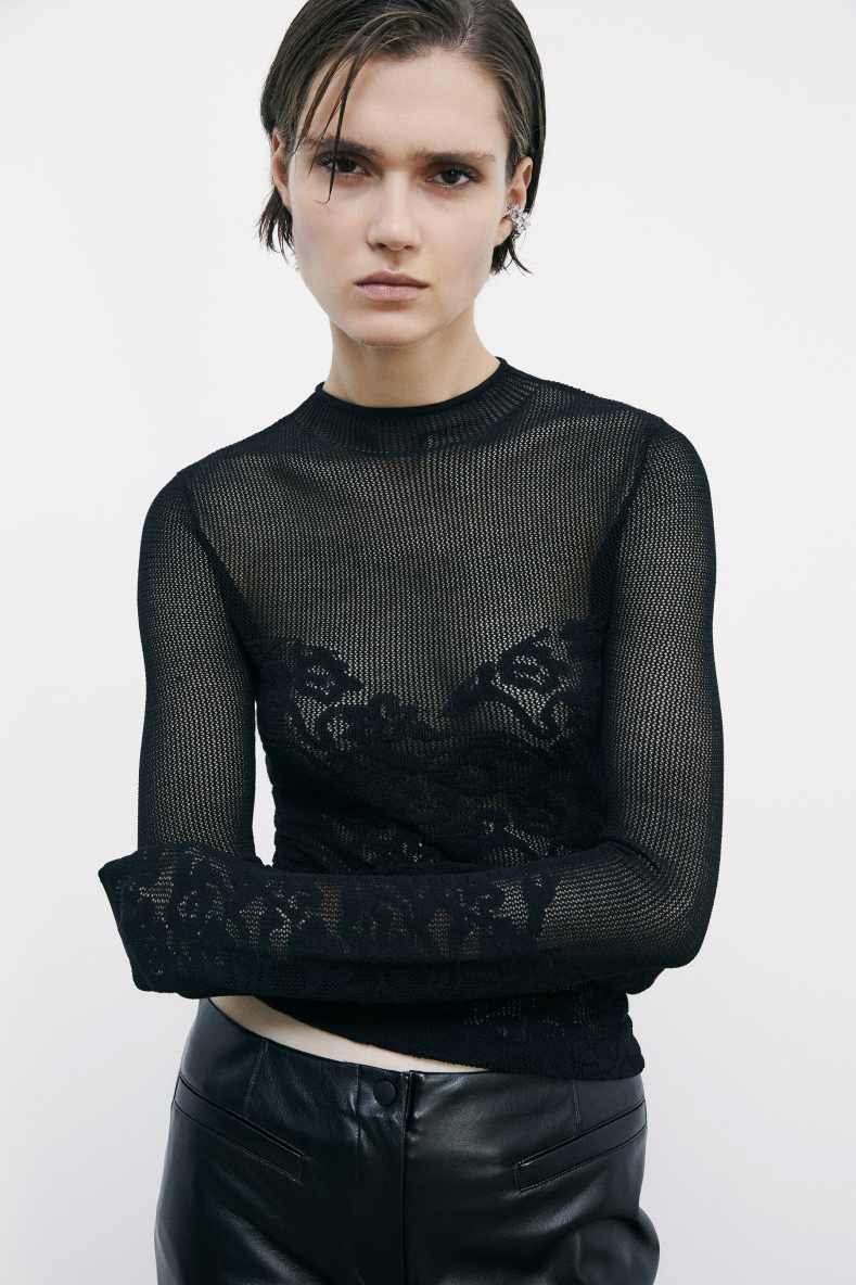Fine knit top with lace inserts, Black, Patrizia Pepe