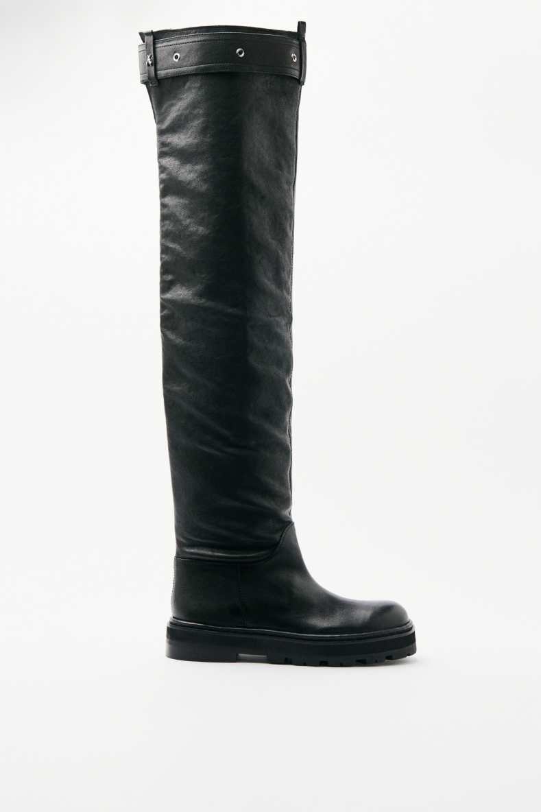 Roundshape Overknees in leather, Black, Patrizia Pepe