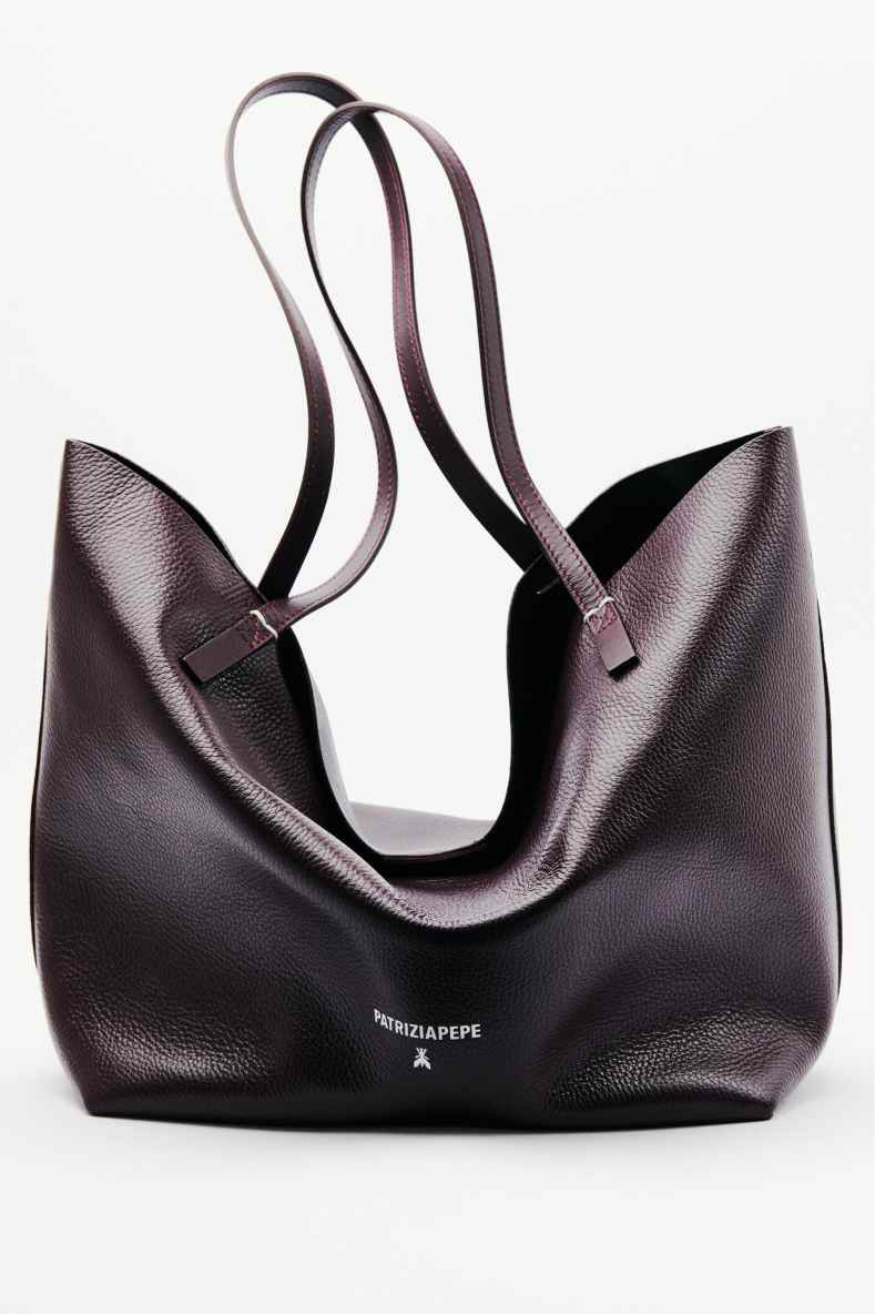 Never Complete shopping bag in hammered leather, Bordeaux, Patrizia Pepe