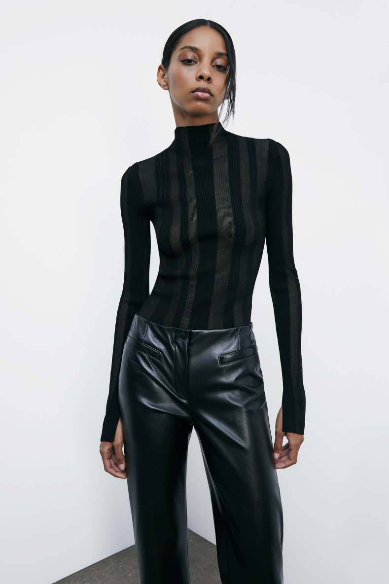 Crew-neck sweater with ribbing and transparencies, Black, Patrizia Pepe