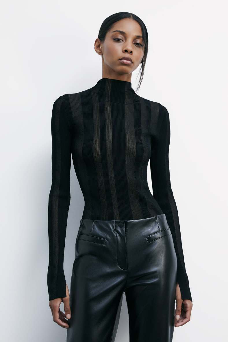 Crew-neck sweater with ribbing and transparencies, Black, Patrizia Pepe