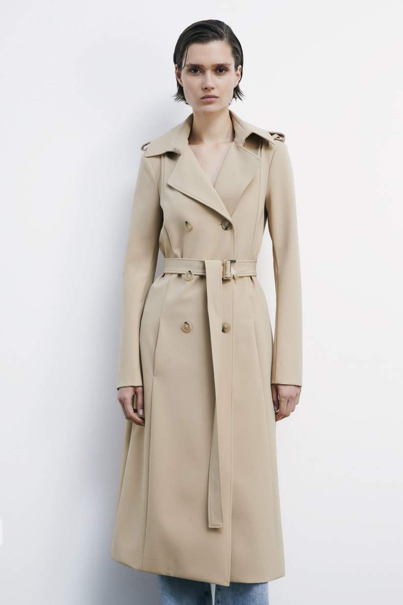 Trench coat with buckle made of bielastic nylon, Beige, Patrizia Pepe