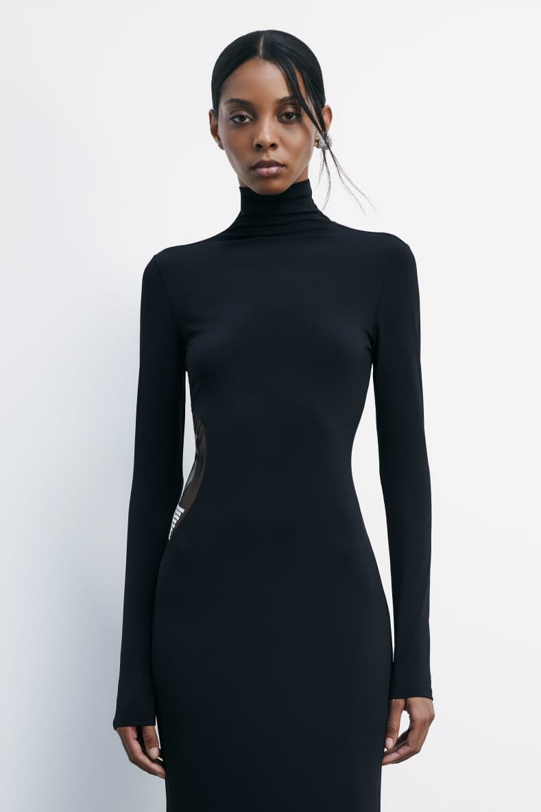 Long high-neck dress with rhinestones, Black, Patrizia Pepe