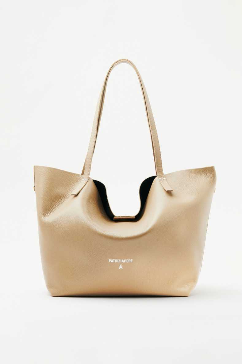 Never Complete shopping bag in hammered leather, Beige, Patrizia Pepe