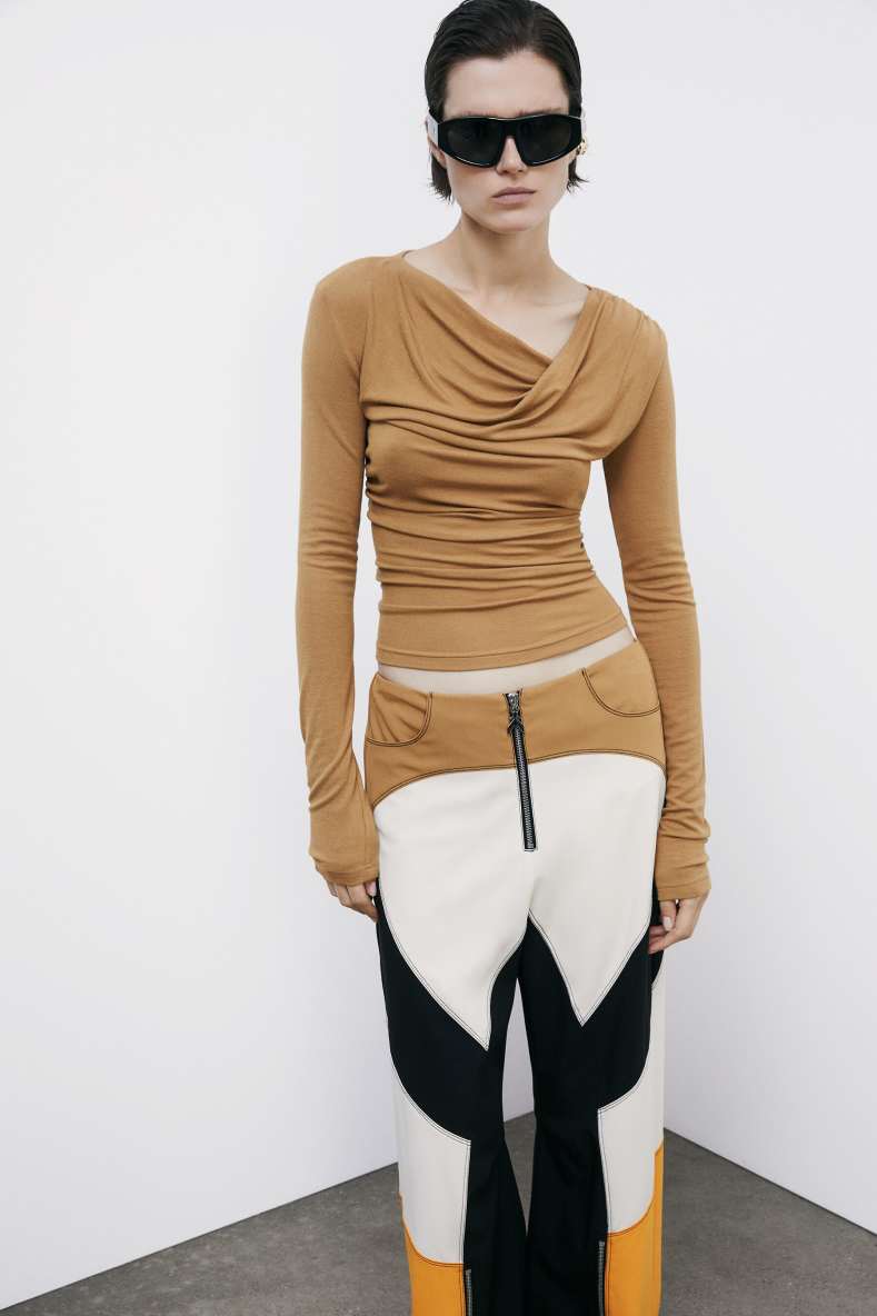 Top with asymmetrical neckline and draping, Beige, Patrizia Pepe