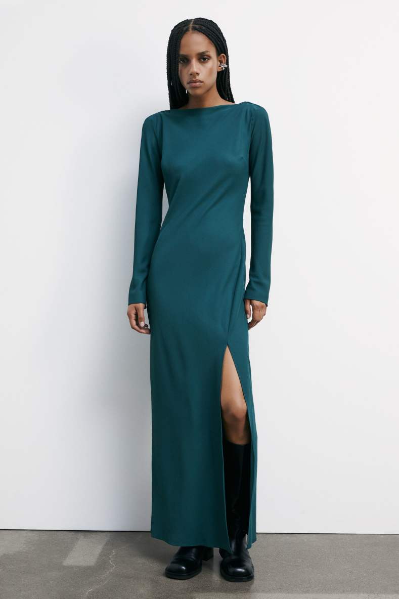 Long stretch dress with slit, Green, Patrizia Pepe