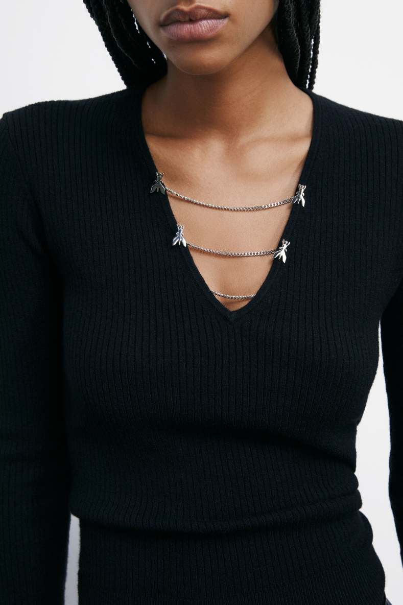 &quot;ESSENTIAL&quot; fitted sweater with chains, Black, Patrizia Pepe