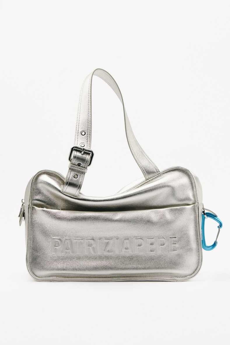 (IM)PERFECTION shopping bag in laminated leather, Silver, Patrizia Pepe