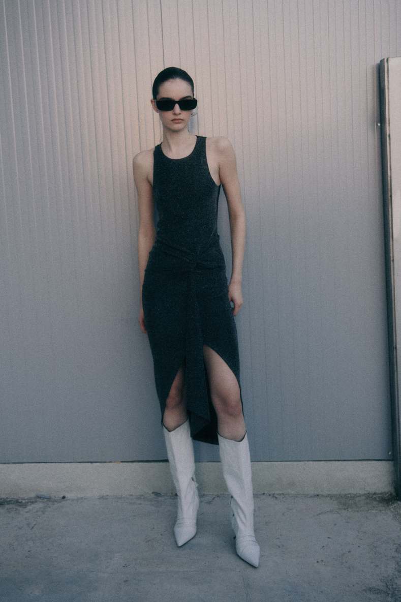 Lurex midi dress with draping, Black, Patrizia Pepe